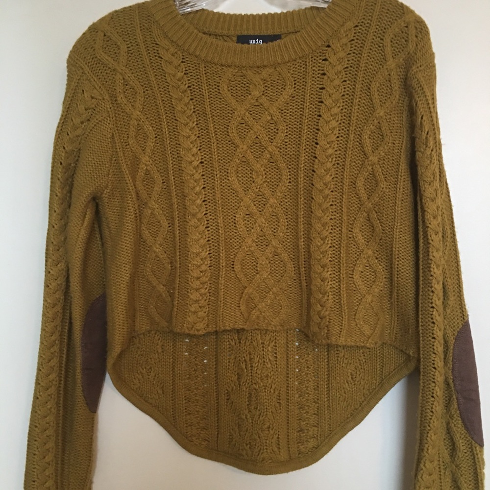Cable knit high low sweater with elbow patches